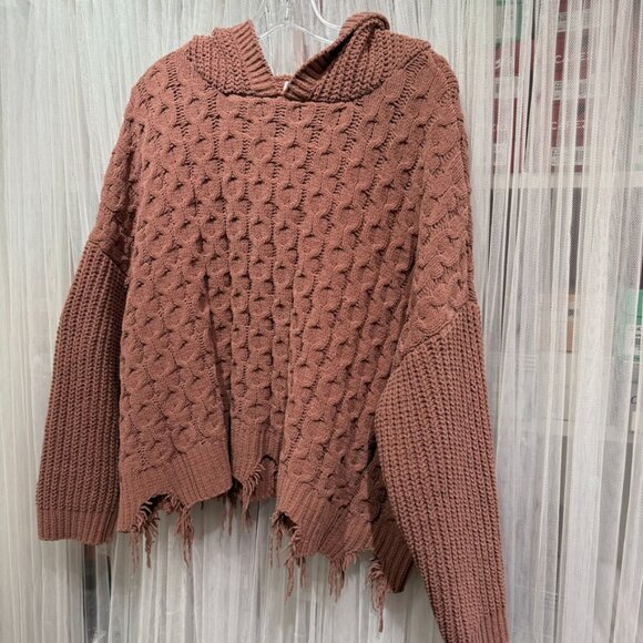 BKE Women’s Large Hooded Chenille Sweater Distressed Hem Textured Knit Cozy - Picture 2 of 11